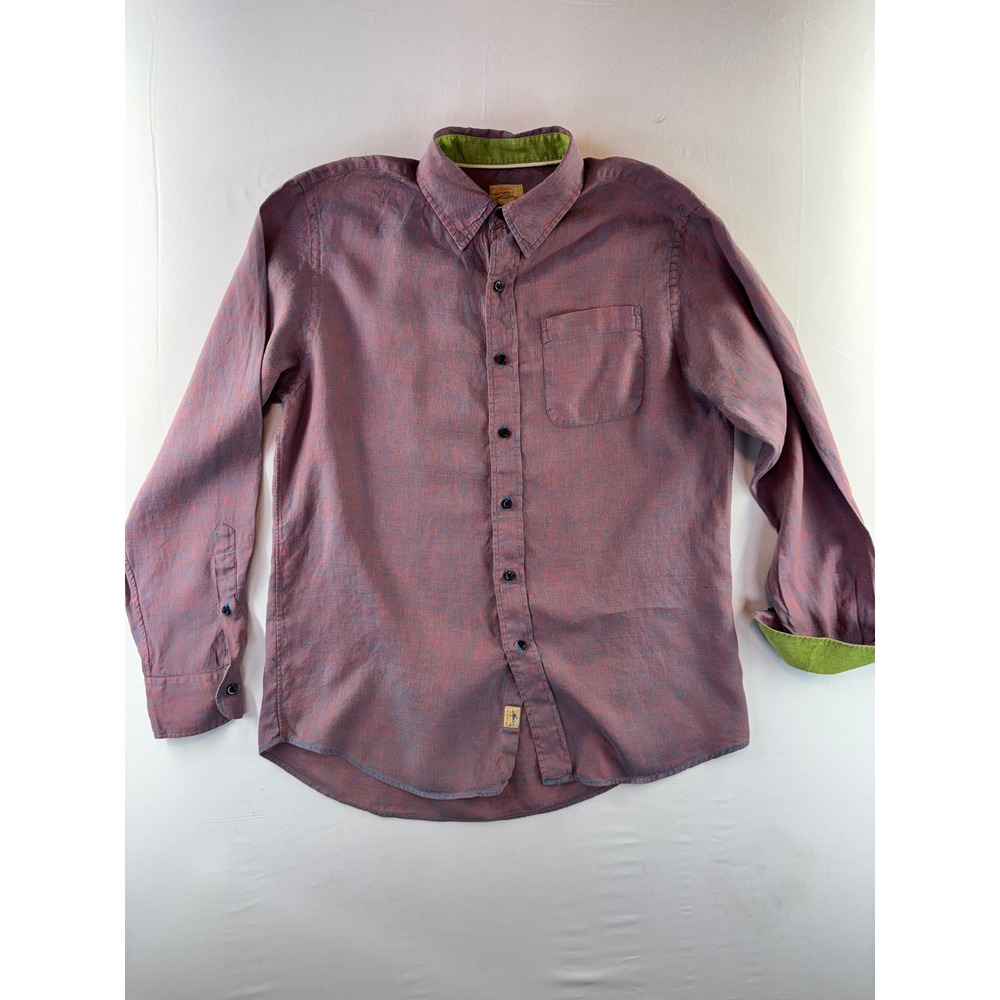 Trevero Mens Large 100% Linen Button Down Shirt Purple Red Blue Long Sleeve L